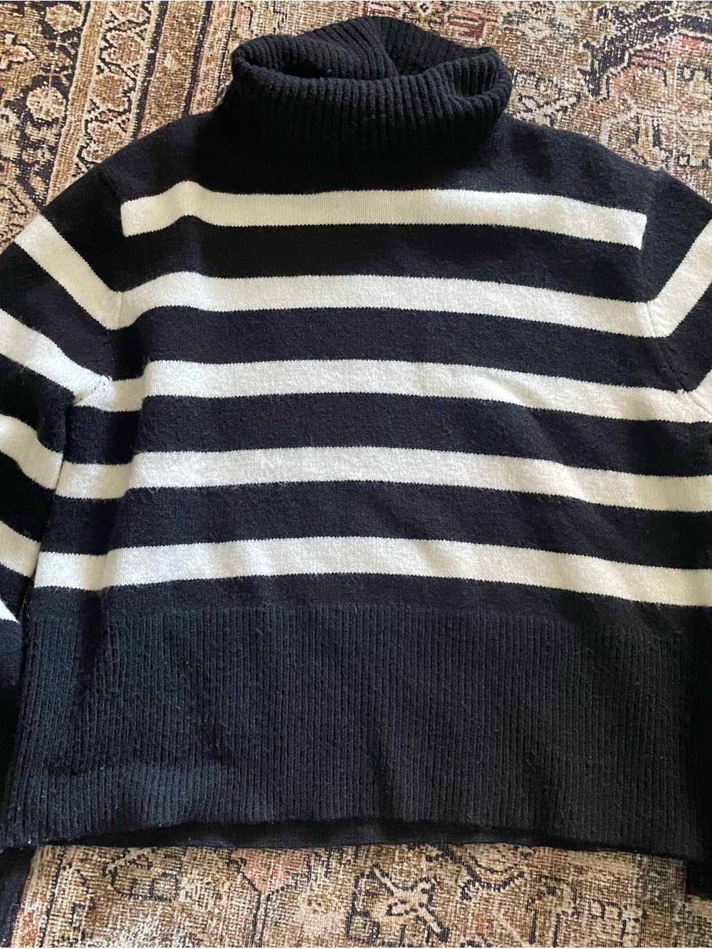 Women’s Black and White Striped Turtleneck Sweater